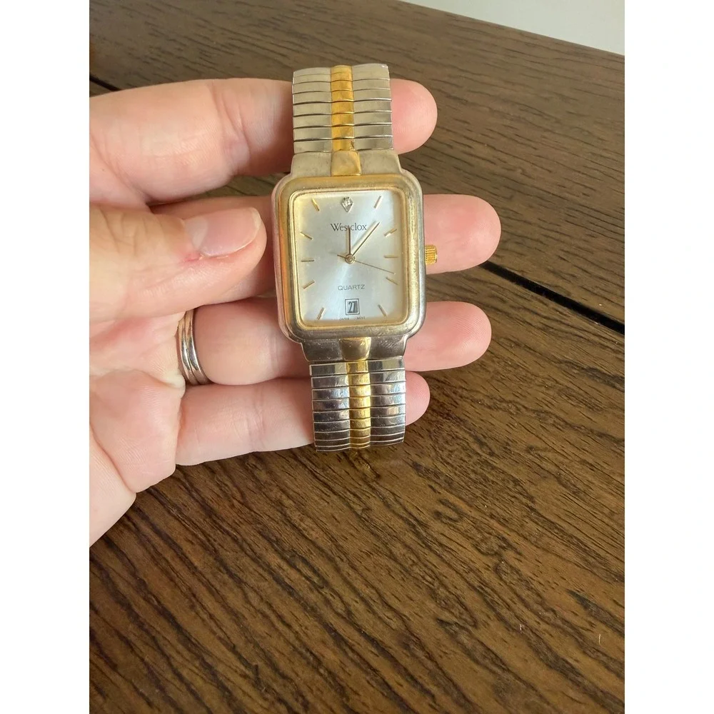 Westclox Watch Silver Gold Silver Date Rectangle LTX217 Two Tone Quartz